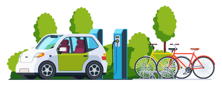 illustration of electric vehicle charging and bicycles
