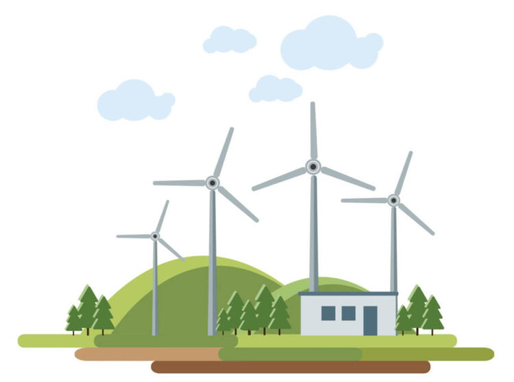 illustration showing grey wind turbines with trees, a building, and clouds