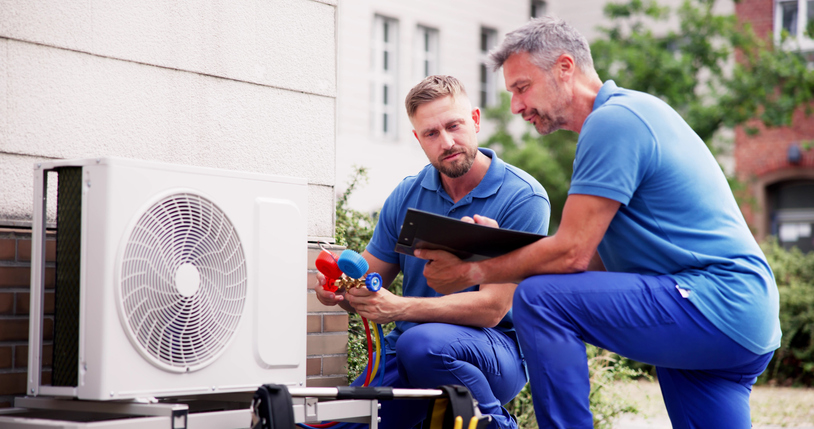 2 male technicians check the efficiency on an air conditioning unit